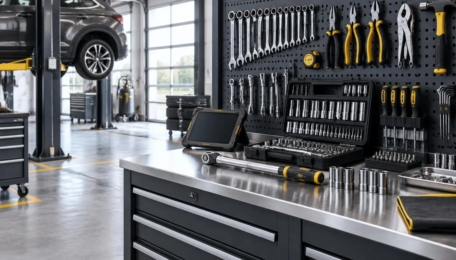 Profesionaliai įrengtas autoservisas su įrankiais